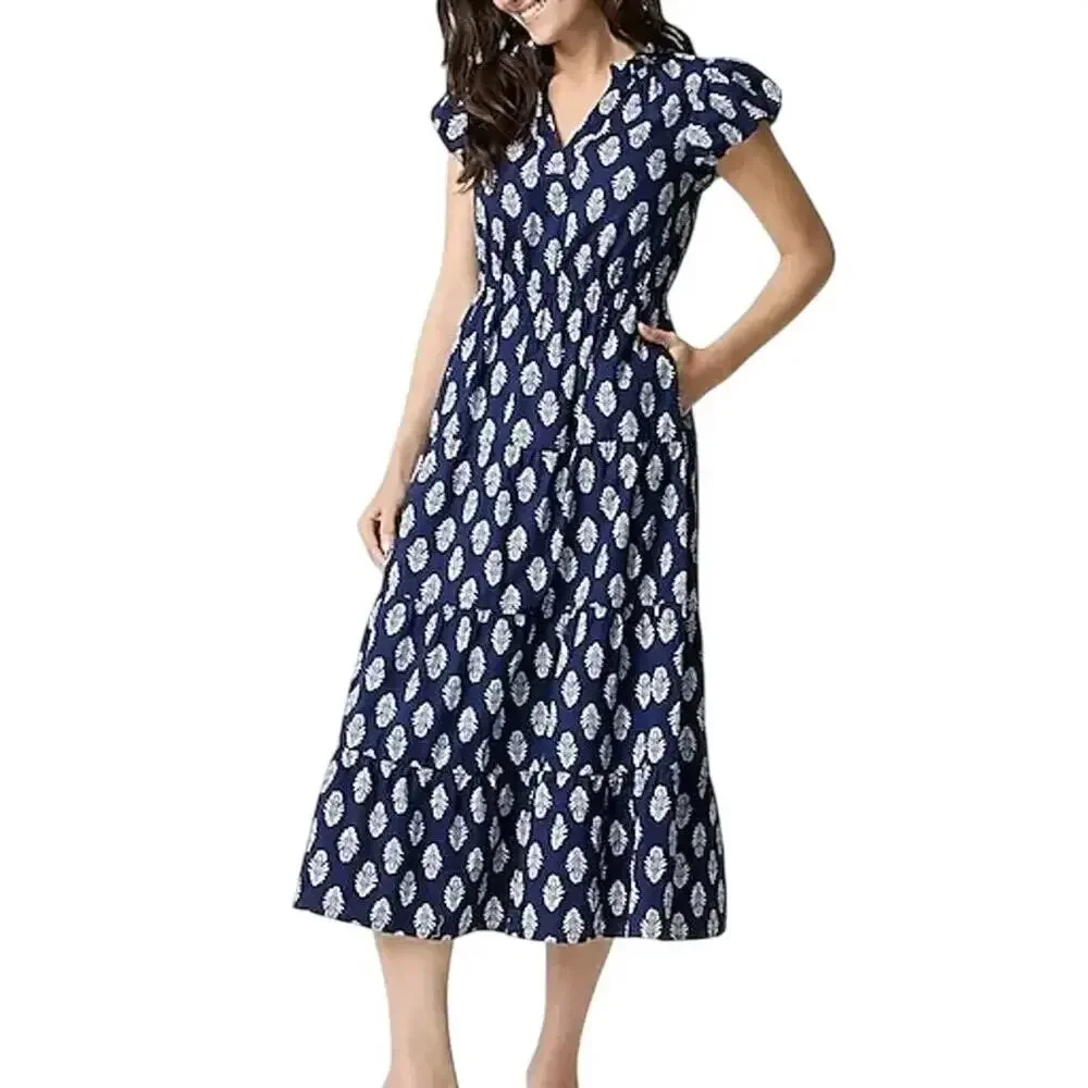 NWT J. Crew Factory Willa Dress Leaf Print Puff Sleeve Tiered Midi Navy Size 18 - Picture 1 of 13